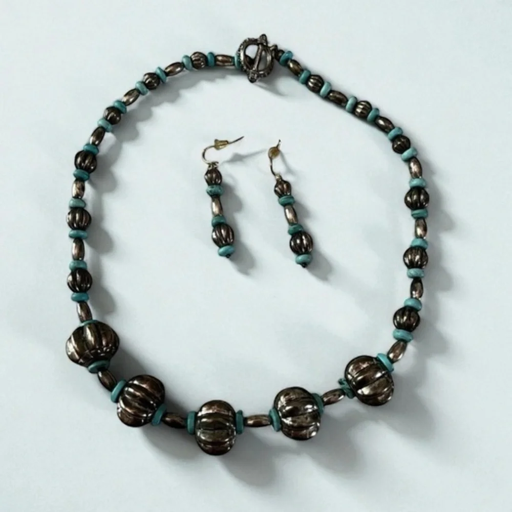 Silver and Turquoise Beaded Necklace and Earring Set vintage